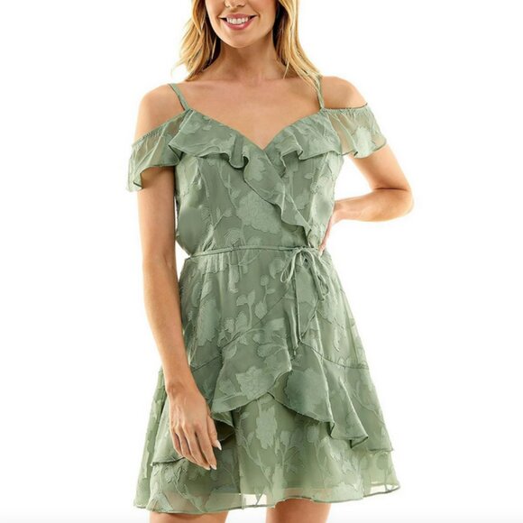 BCX Dresses & Skirts - EUC XL Juniors' Floral-jacquard Cold-shoulder Ruffle Dress In Sage